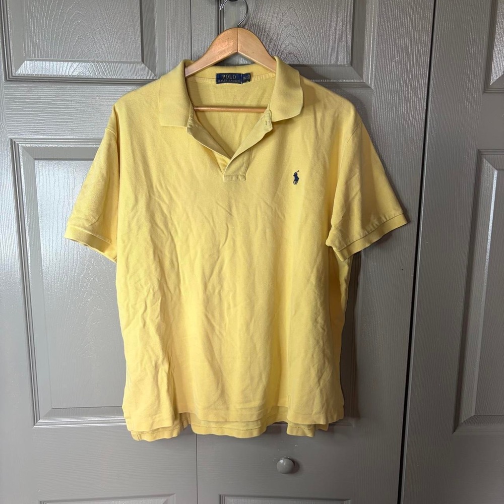 Polo Ralph Lauren Mens XL Yellow Short Sleeve Classic Pique Polo Shirt Navy Pony